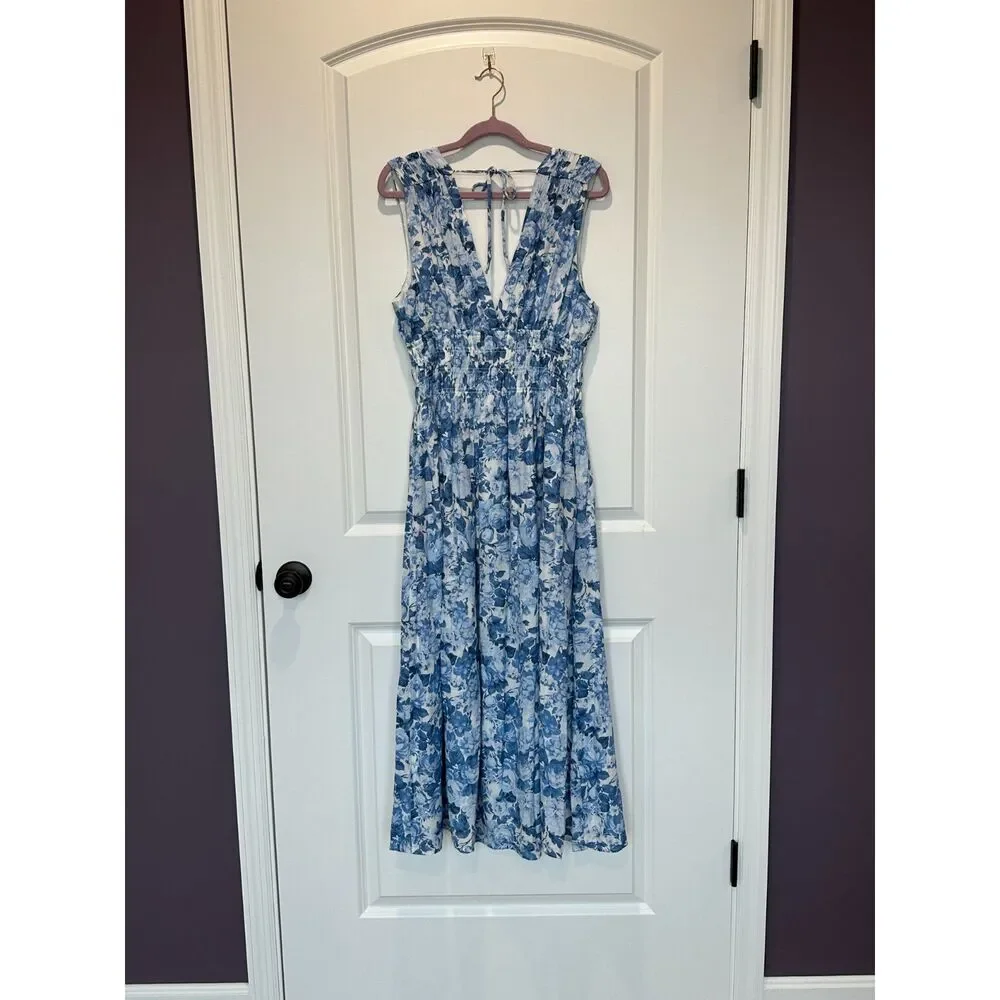 NWT Abercrombie & Fitch Blue White Floral Tie Back Maxi Dress Size Large Petite